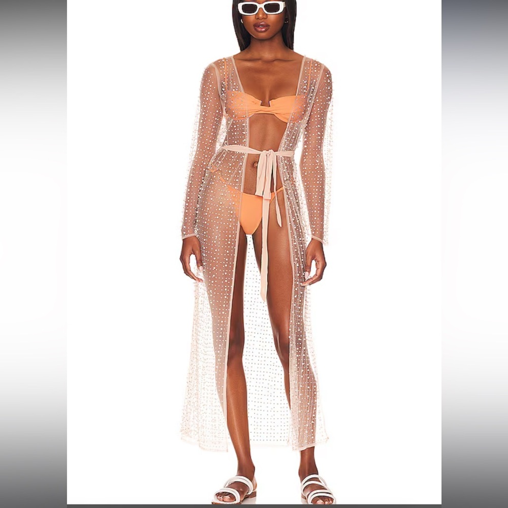 Beach Bunny Late Nights Pearl Mesh Cardigan in Nude